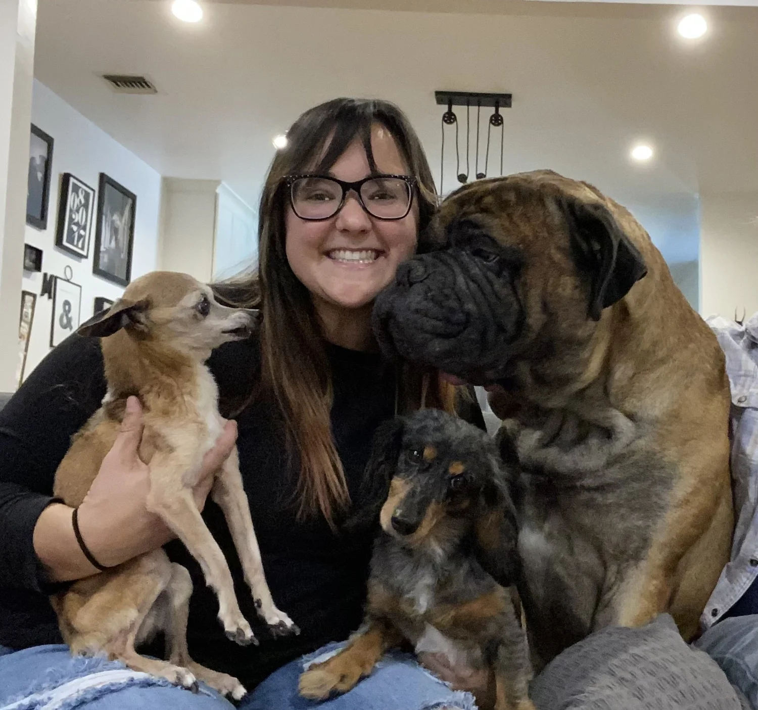 smiling female veterinary surgeon with three dogs