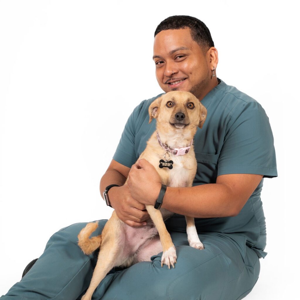 smiling male veterinary technician holding a dog
